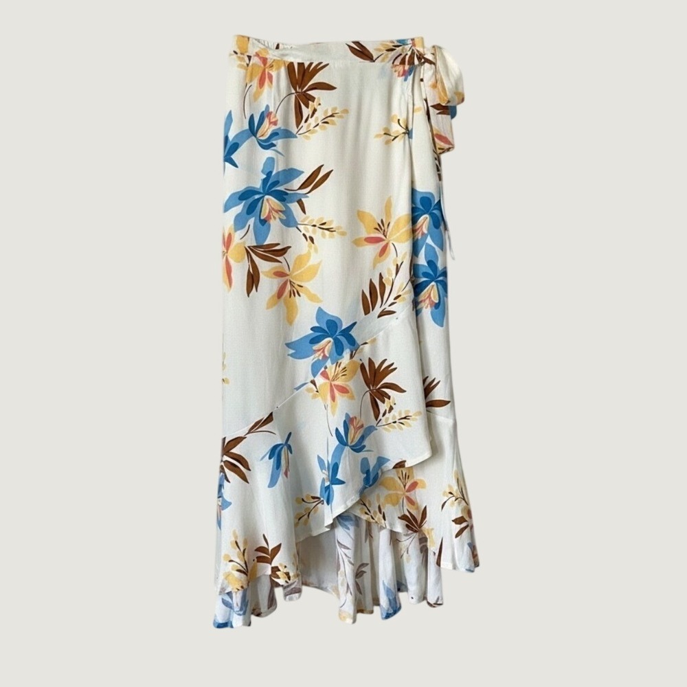 Forever 21 Floral Wrap Skirt Cream Blue Tropical High Low Ruffle Midi XS